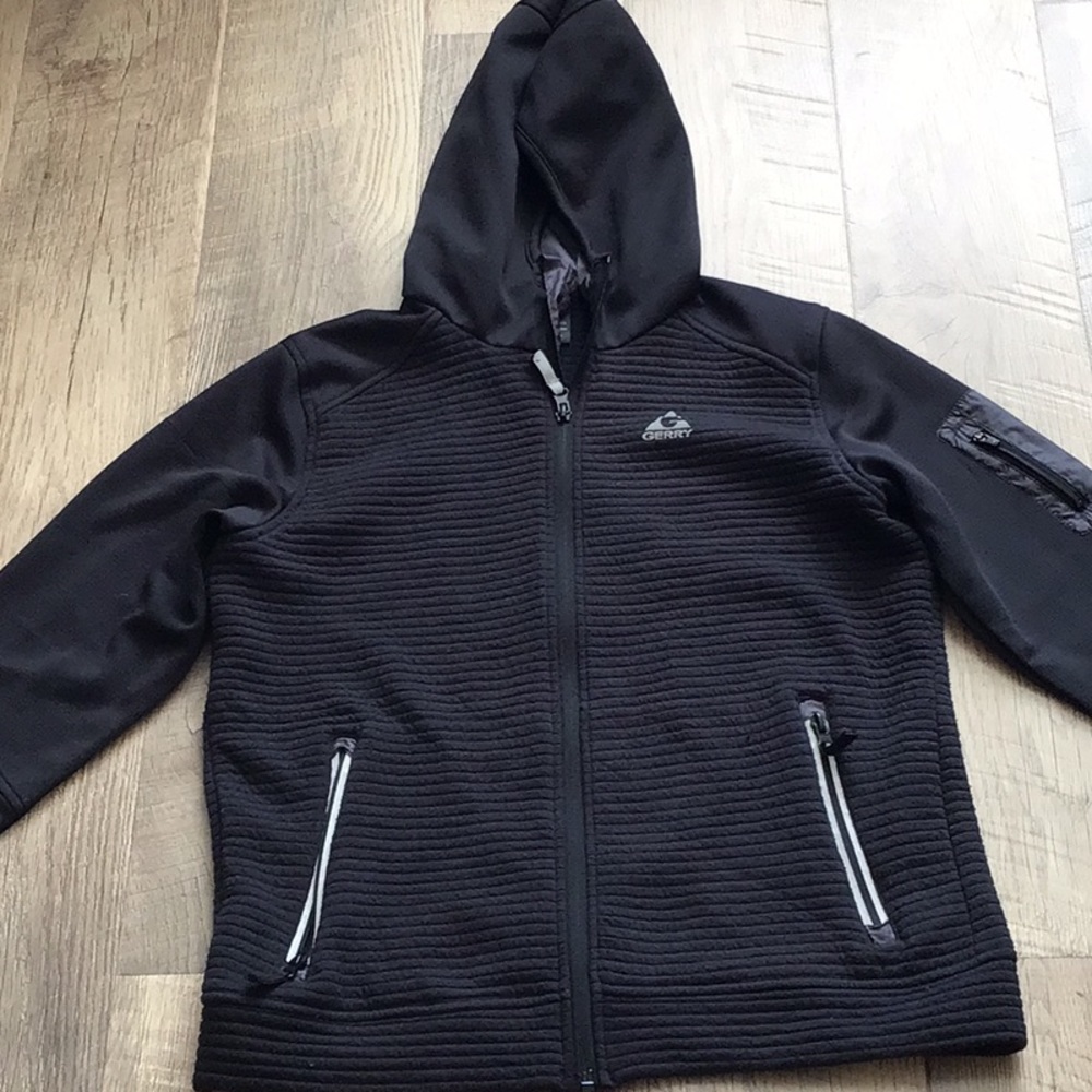 Gerry Youth Kid's Full Zip Ribbed Hooded Jacket, Color: Black Size L-14/16